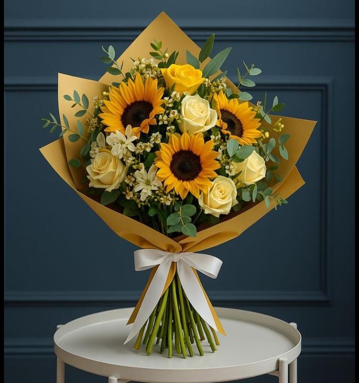 Girasoles y rosas blancas